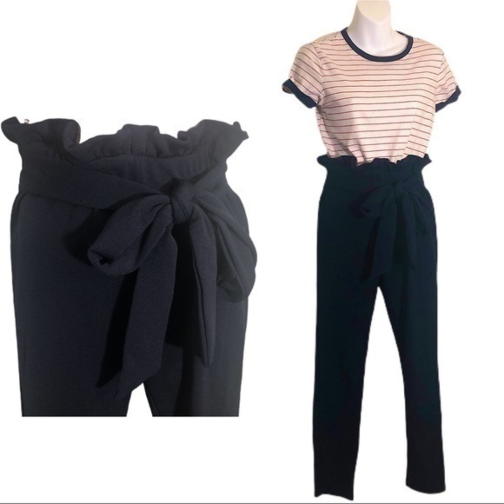 Navy pants and Red Stripped Crop Top